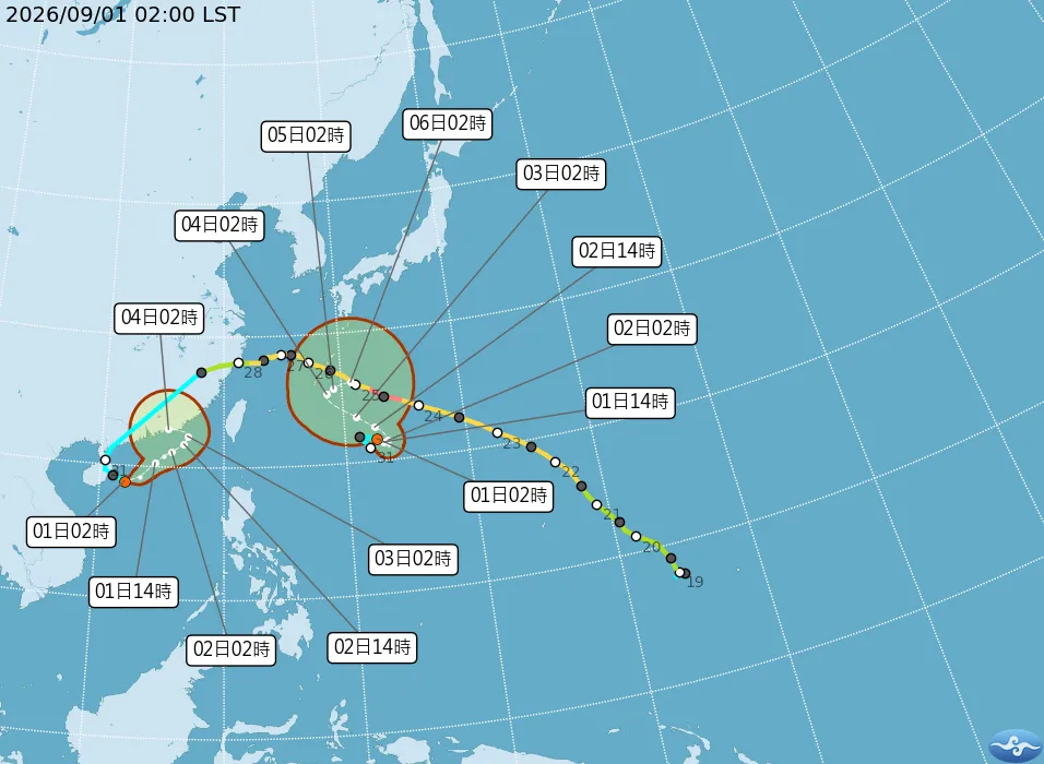 雙熱帶低壓（TD20、TD27）最新路徑。（圖／取自氣象署官網）