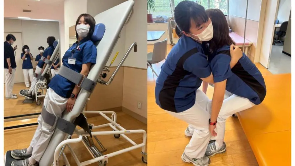 義守大學物理治療學系學生實際操作臨床復健設備（左），深化重症照護與早期復健專業能力。學生進行患者轉位與動作訓練，從實務操作中學習生物力學與重心移轉技巧。（圖/義守大學提供）