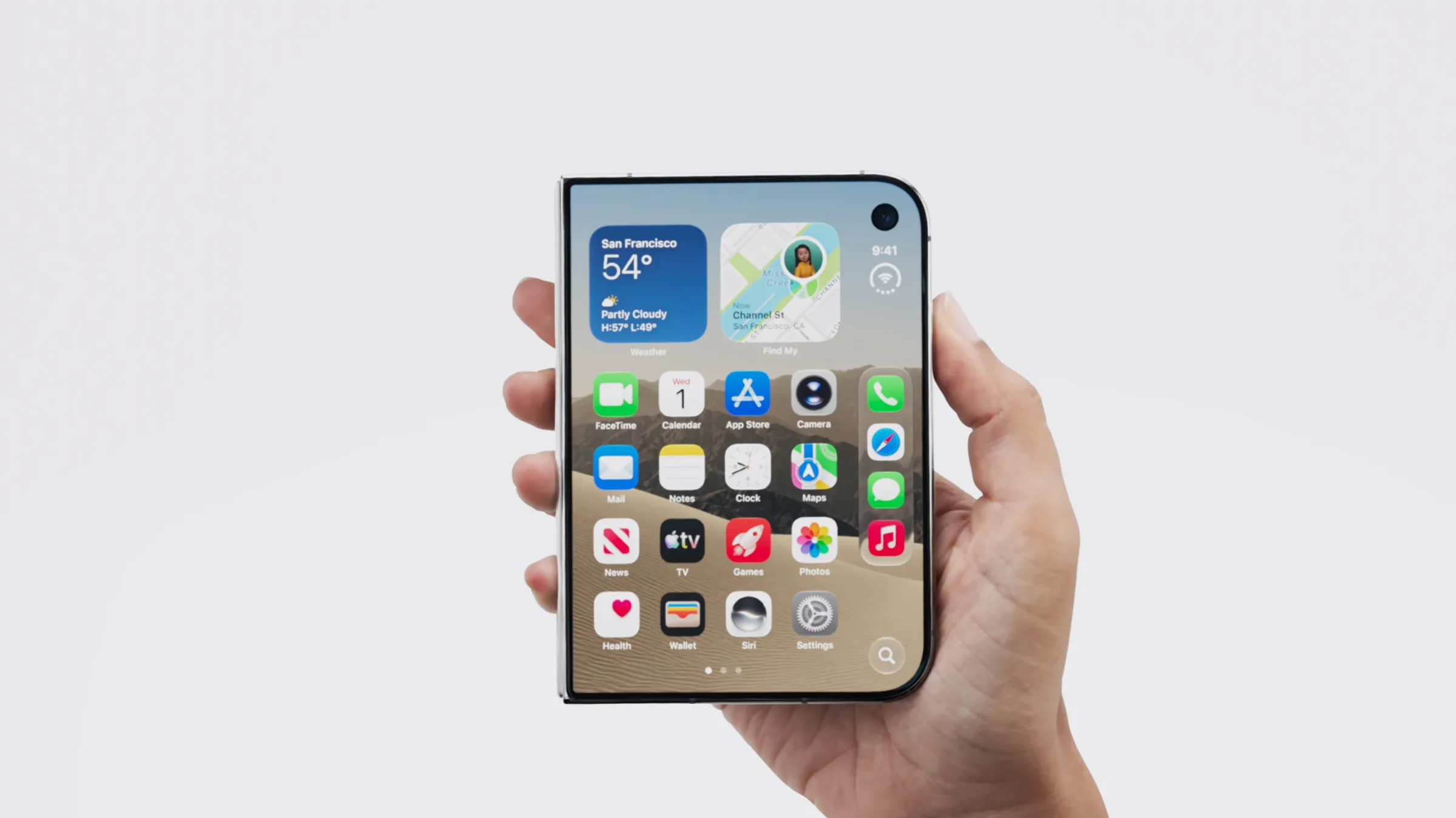 Apple首款摺疊手機iPhone Duo正式登場，展開後擁有7.6吋內螢幕，摺疊時則可使用5.4吋外螢幕。（圖／翻攝自Apple官網）