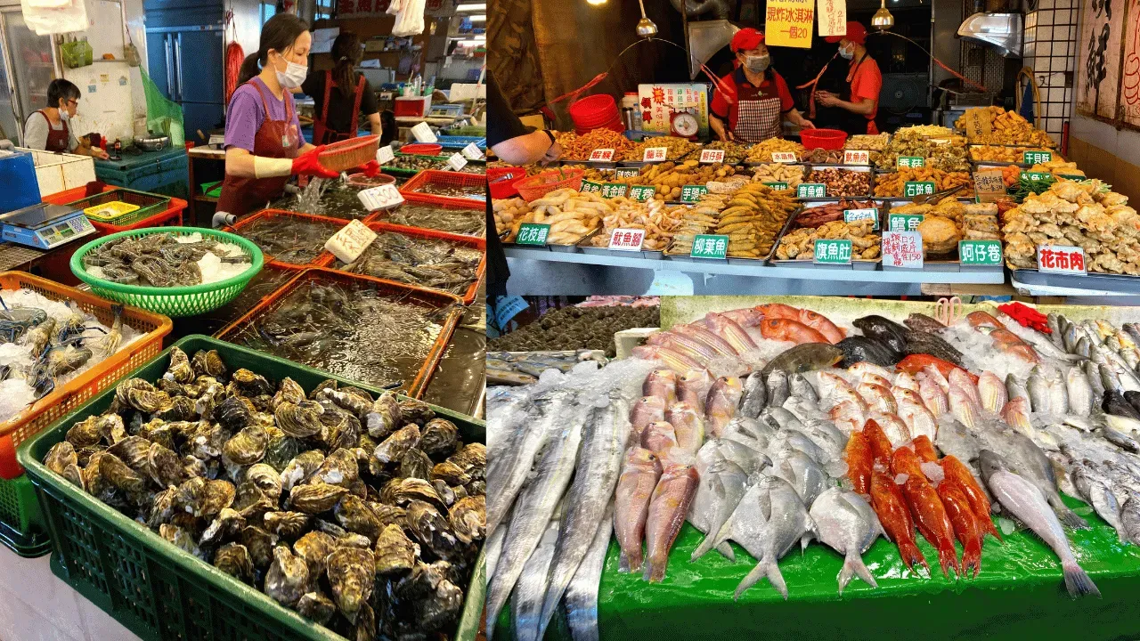 竹圍漁港內漁獲豐富，市場外圍有許多炸海鮮的店家。（圖／網路溫度計提供）