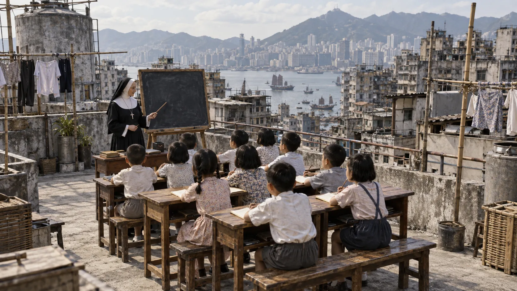 1950、60年代，一些徙置大廈的樓頂被志願團體及宗教團體拿來開辦小學，這類學校後來被稱為「天台學校」。（示意圖／AI生成）