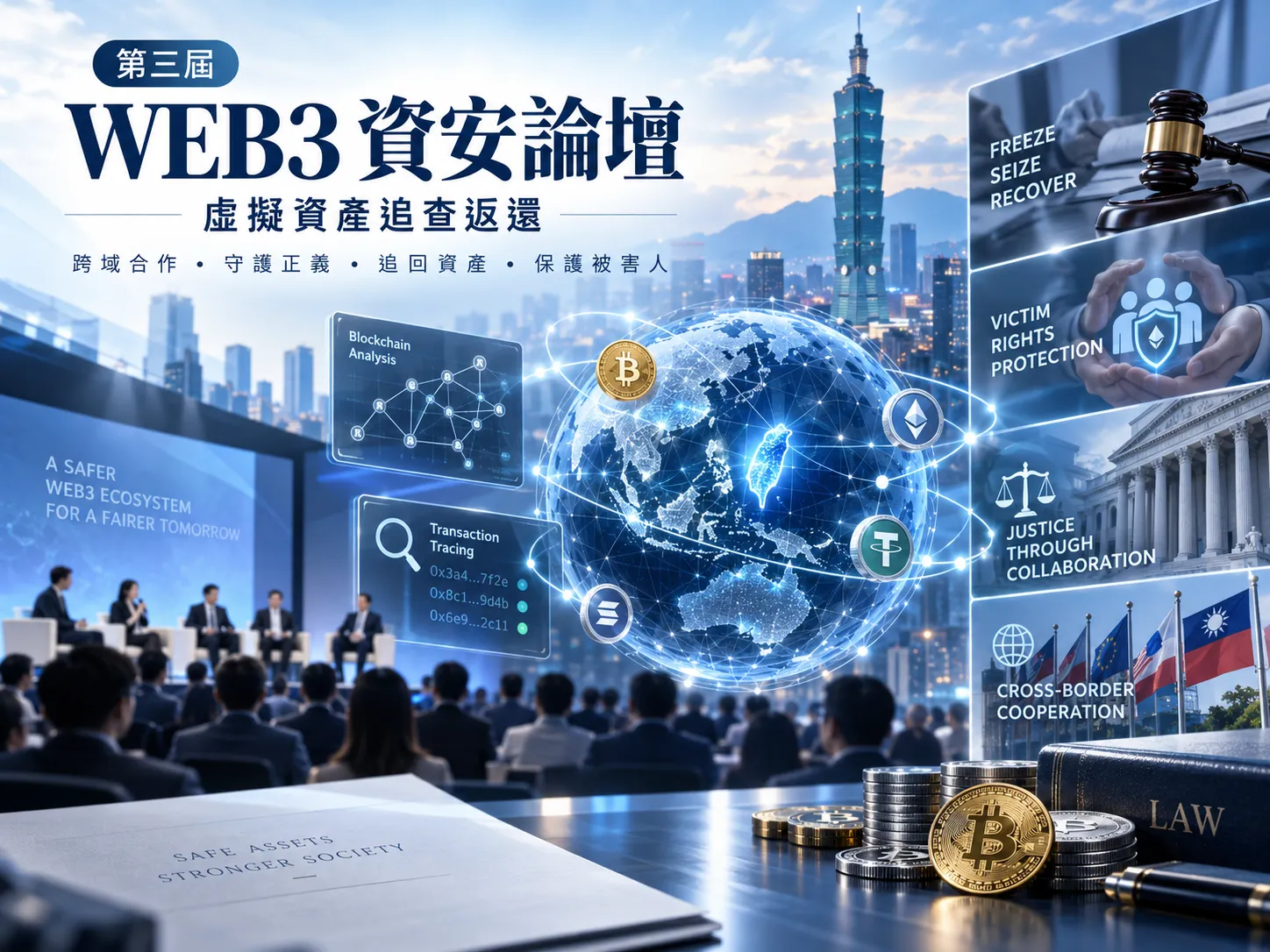 虛擬資產追查不只要找到資金流向，更牽涉凍結、司法扣押、被害人返還及跨境合作等環節，第三屆WEB3資安論壇將邀集學界與實務界共同研討。（圖／AI情境示意圖）