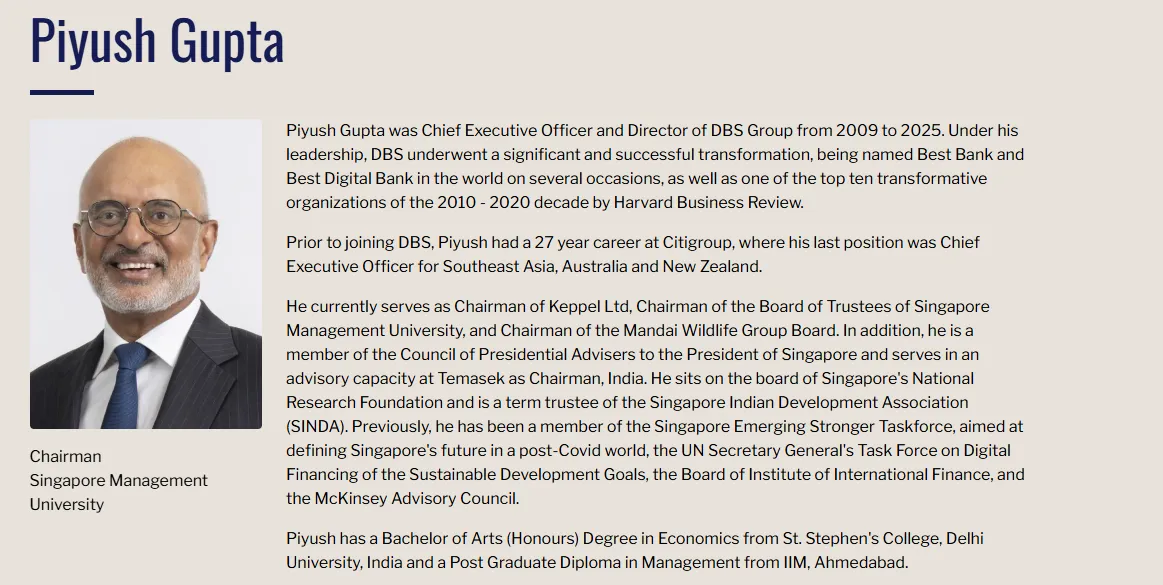 新加坡管理大學（SMU）校董會主席高博德（Piyush Gupta）。（翻攝自學校官網）