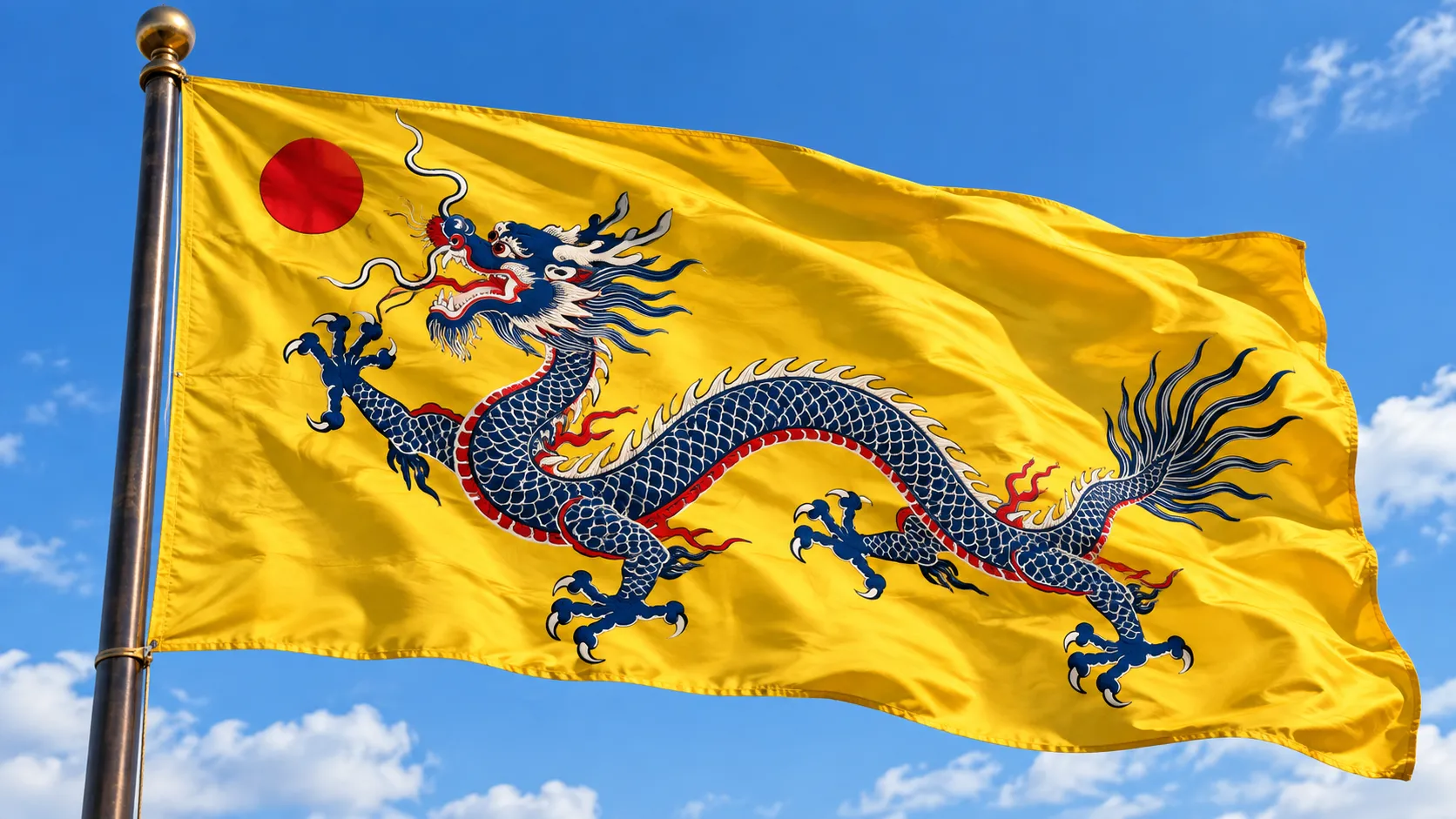 到了光緒十四年（1888年），《北洋海軍章程》將「黃底藍龍戲紅珠圖」頒定為大清國旗，黃龍旗才正式具有近代國旗的法定地位。（示意圖／AI生成）