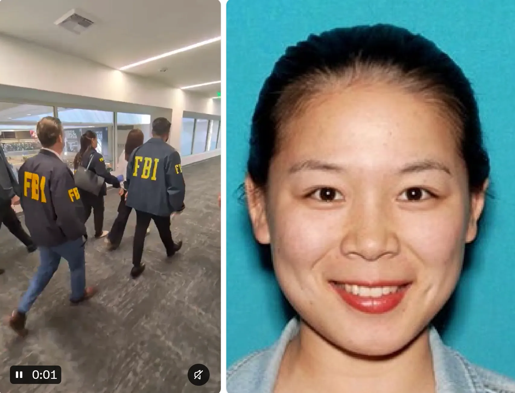 涉嫌替中國跟監賴清德長子的華裔女房仲張婉瑩（右），10月4日在洛杉磯國際機場遭FBI探員押解（左）。（取自美國聯邦檢察官Bill Essayli X）
