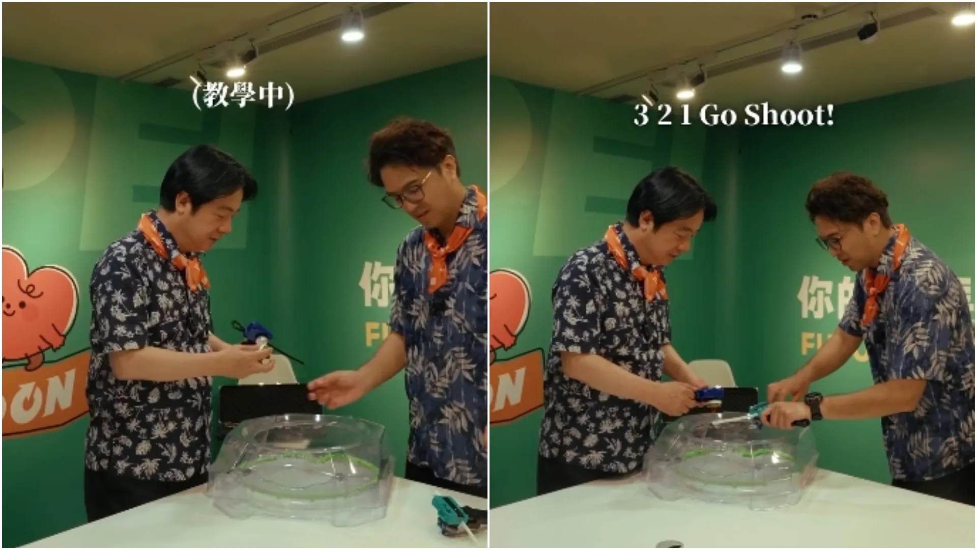 20261006-台北市長參選人沈伯洋（右）送戰鬥陀螺給總統賴清德（左）作為生日禮物。（組合圖，取自沈伯洋臉書）