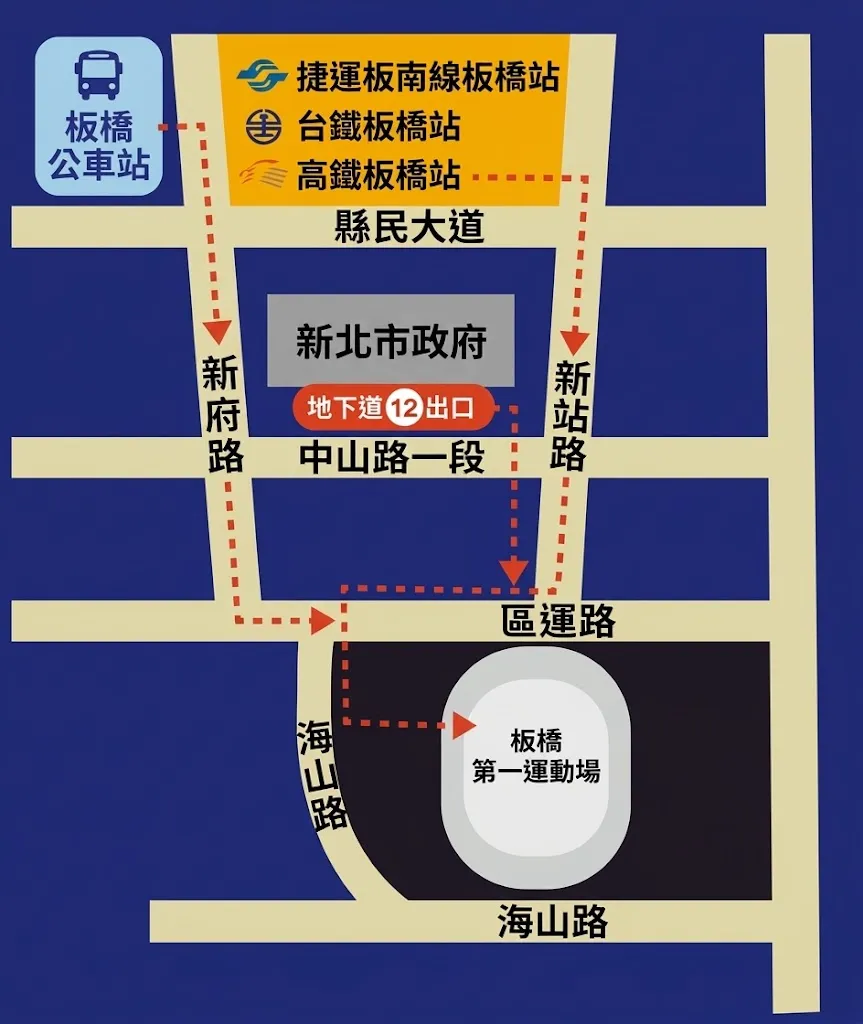 搭乘高鐵、台鐵、捷運至板橋車站到會場步行路線(圖片提供/新北市政府交通局)