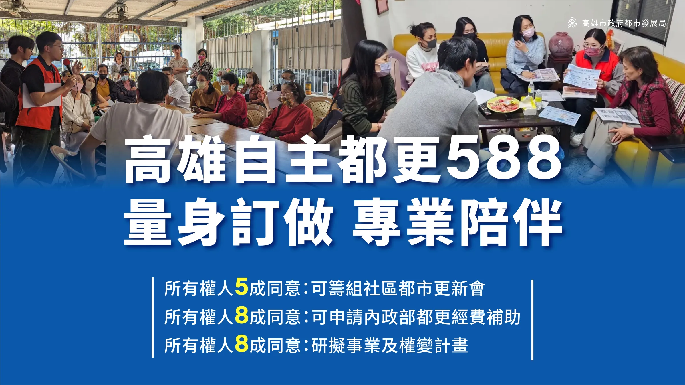 高雄自主都更588，量身訂做 專業陪伴。（圖/高雄市政府都市發展局 提供）