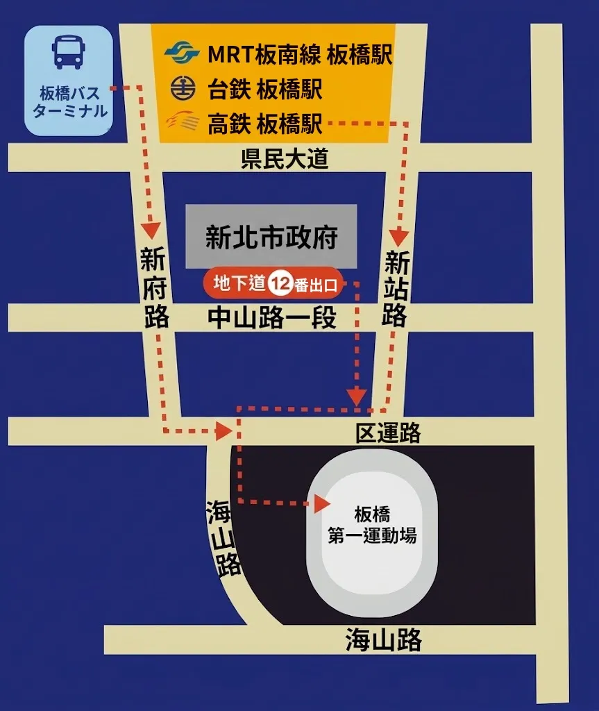 高鉄・台鉄・MRTで板橋駅に着いてから会場までの徒歩ルート（新北市政府交通局提供）