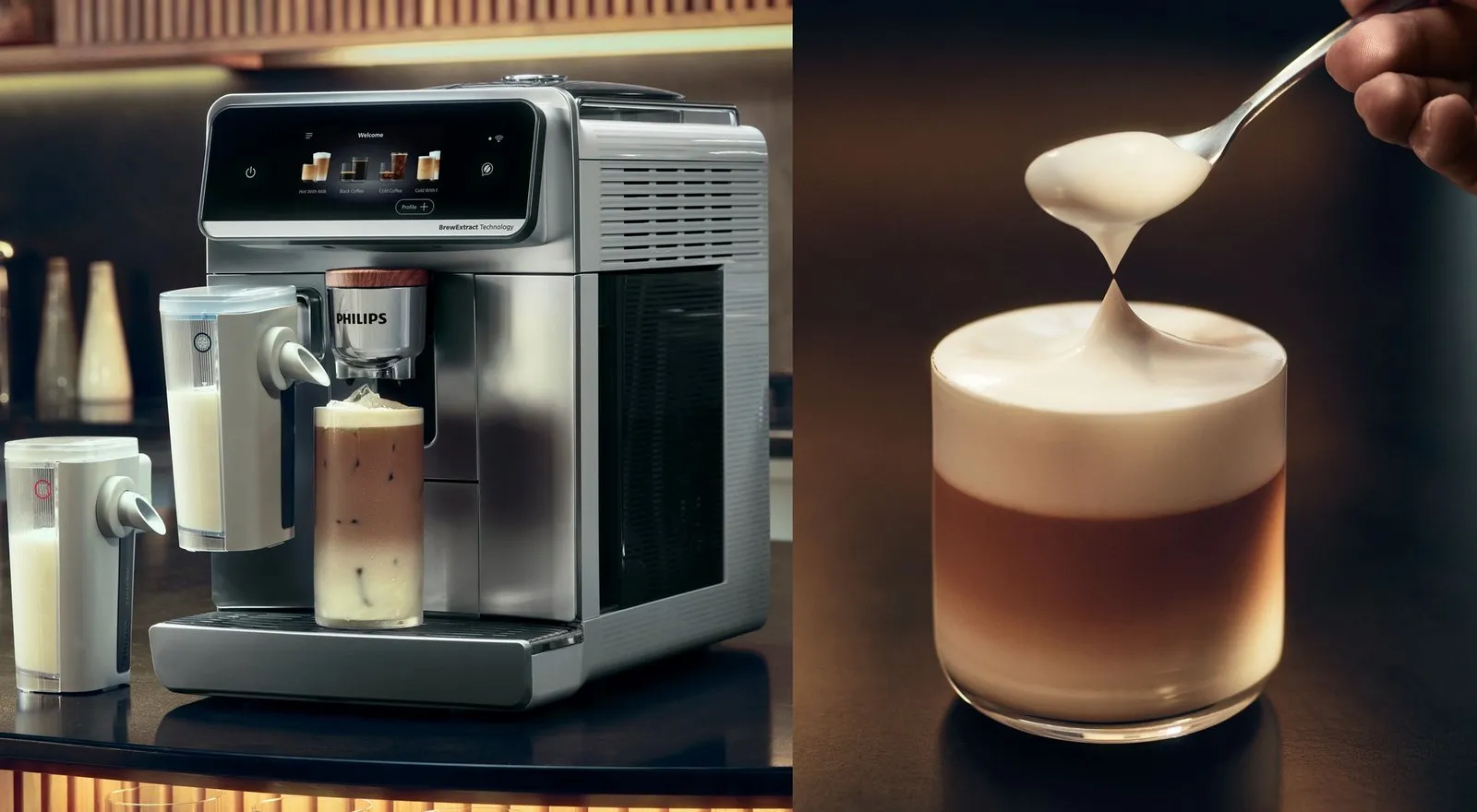 飛利浦 Café Aromis 雲朵拿鐵旗艦機搭載「LatteGo Pro 冷熱雙溫奶泡系統」，一鍵製作細緻綿密奶泡