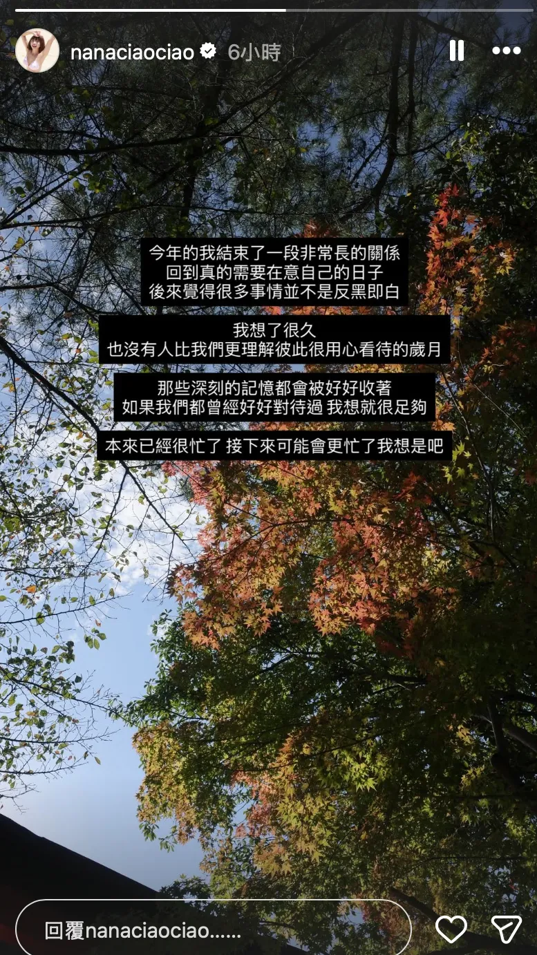 阿圓發文感嘆，曾經真心對待彼此或許就已經足夠，並表示未來將重新把重心放在自己的生活與工作上。（圖／翻攝自一隻阿圓IG@nanaciaociao）