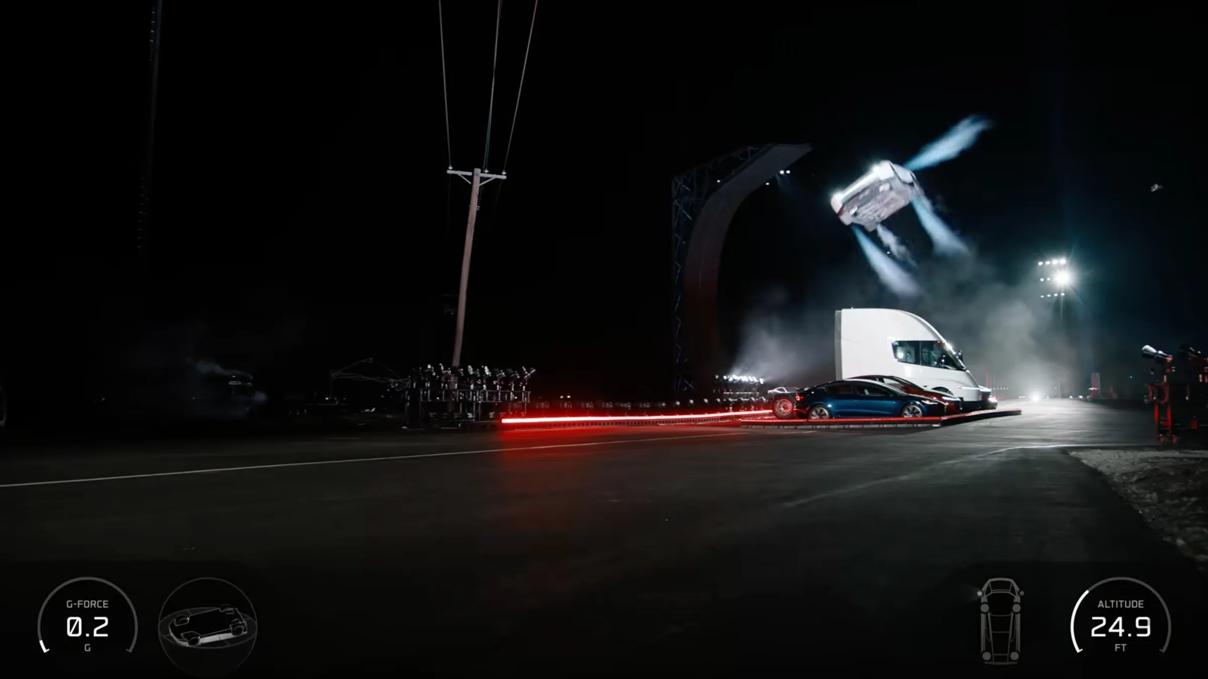 Roadster結合SpaceX相關推進技術，利用壓縮空氣裝置讓車輛短暫離地，甚至飛越其他車輛。（圖／翻攝自Tesla YouTube）