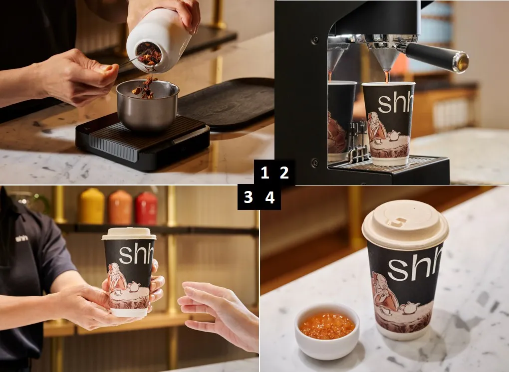 （１）Tea in Hand 皆以smith+hsu 「原葉茶」為基底，並非碎渣茶，每一杯都依茶款特性調整輕研、預浸與壓力萃取設定，呈現不同於壺飲的茶感與風味。(２)：Tea in Hand 皆以smith+hsu 「原葉茶」為基底，每一杯都依茶款特性調整輕研、預浸與壓力萃取設定，呈現不同於壺飲的茶感與風味。(３) (４)：全新「Tea in Hand 手心攜茶」外帶系列，將一壺茶的講究收進隨手可得的一杯時光