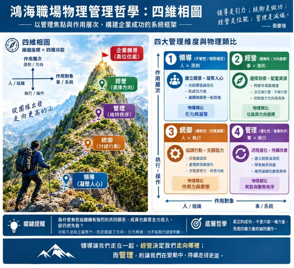 圖一：鴻海職場物理管理哲學，「不變性（領導）」、「機動性（統御）」、「戰略性（經營）」與「優化性（管理）」的四維相圖，真正的成功需要綜合運用。登高必自卑，行遠必自邇，同行能致遠，同心可登頂。與AI合作繪製。