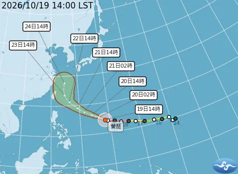 中央氣象署最新公布的颱風路徑圖，「薔琵颱風」有望轉向。（圖／翻攝自中央氣象署網站）