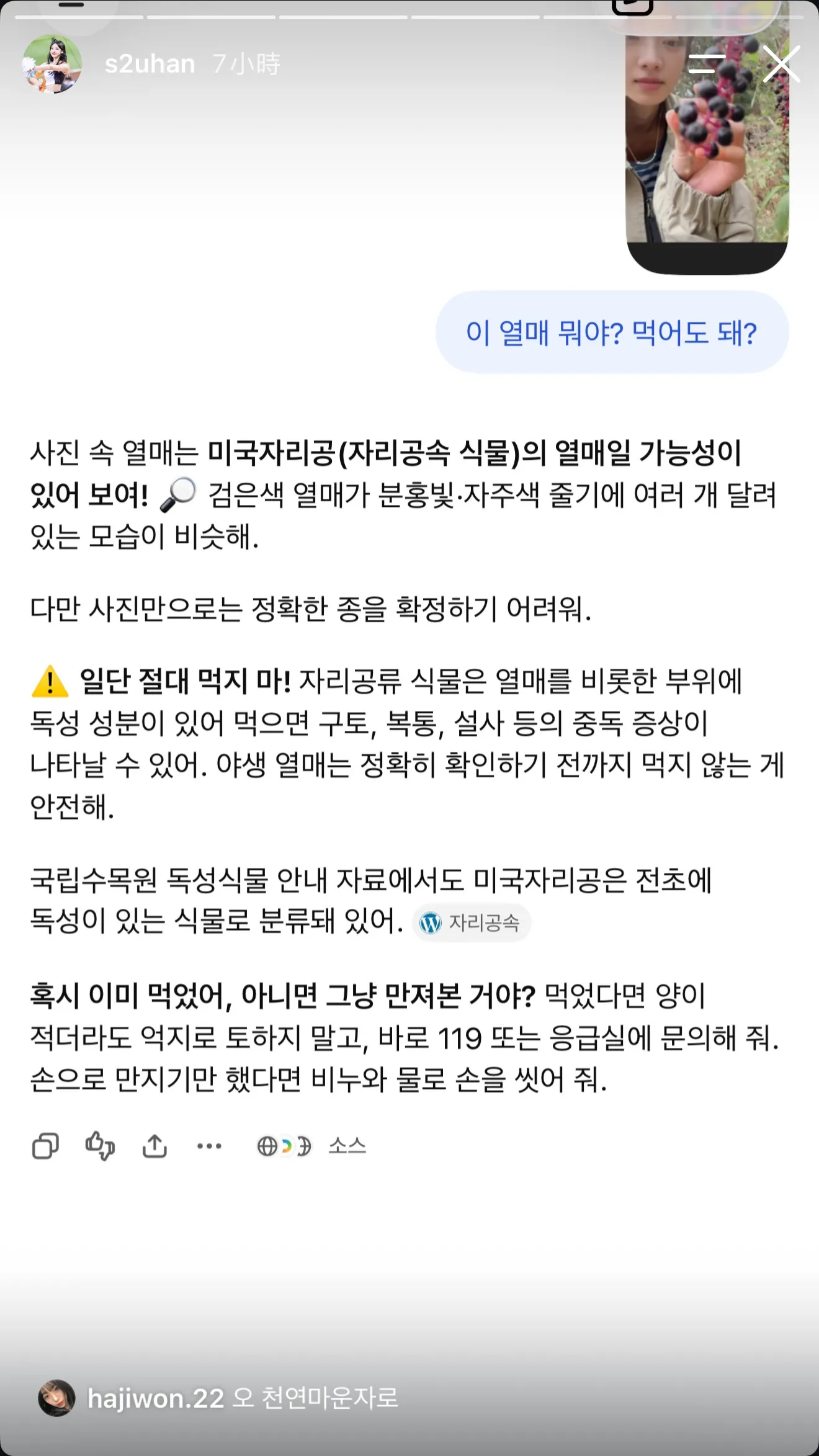 禹洙漢拿著黑紫色果實詢問AI，沒想到得到疑似有毒的警告，讓網友看得心驚膽跳。（圖／翻攝自禹洙漢IG@s2uhan）