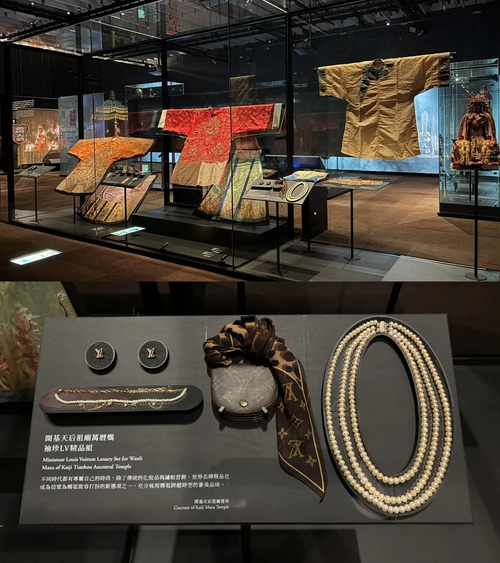 「萬相天后」特展不僅展示媽祖傳統冠服與祭祀服飾，也呈現信眾敬獻的精品飾物，展現媽祖信仰從傳統宗教藝術延伸至當代生活的多元樣貌，映照臺灣民間信仰與時俱進的文化特色。(照片/鄧亦涵攝)