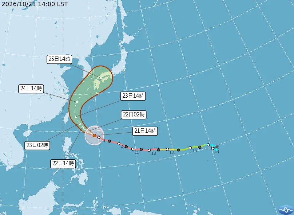 強烈颱風薔琵10月21日預測路徑潛勢圖。（圖／取自中央氣象署）