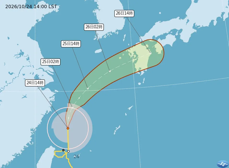 氣象署24日下午2時30分解除陸上警報，預計傍晚至晚間解除海上警報（取自氣象署網頁cwa.gov.tw）