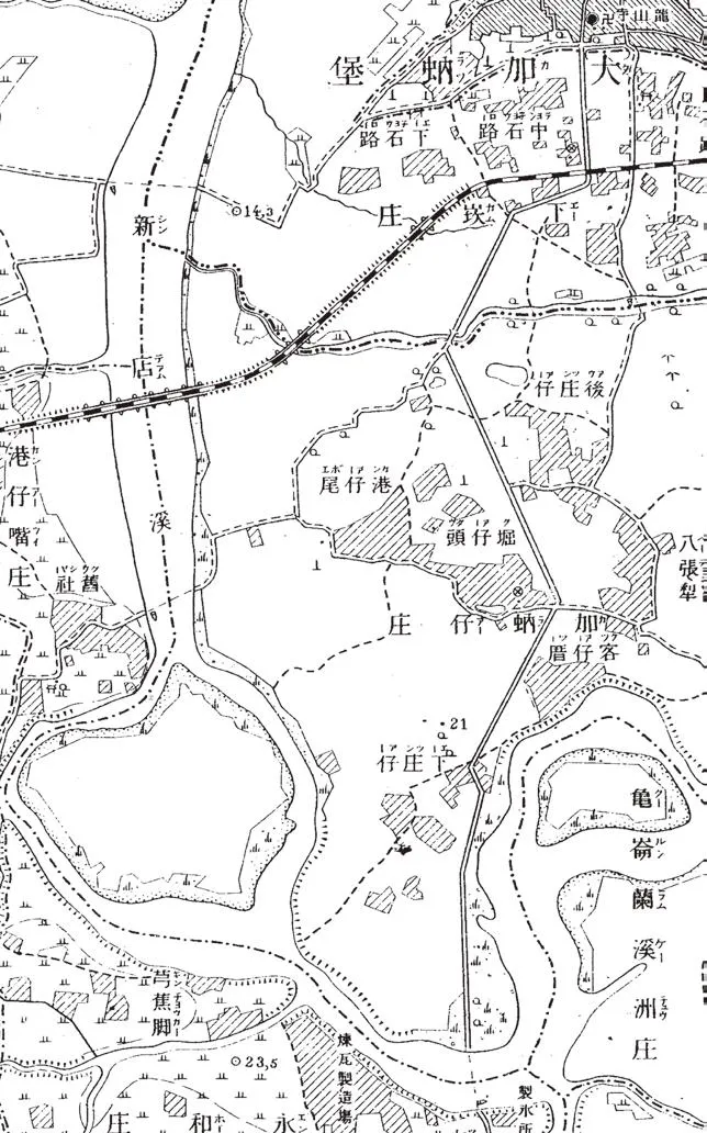 《臺灣堡圖．23 板橋》1904臺灣總督府臨時臺灣土地調查局日治初期大加蚋堡的範圍也比臺北市升格為院轄市之前還大，有意思的是加蚋仔庄並不屬於大加蚋堡，而是擺接堡。（圖／遠足文化提供）
