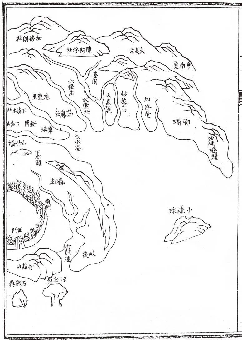 〈鳳山縣圖〉《臺灣府志》乾隆7年劉良璧主修圖中打狗之名被雅化為「打鼓」。（圖／遠足文化提供）