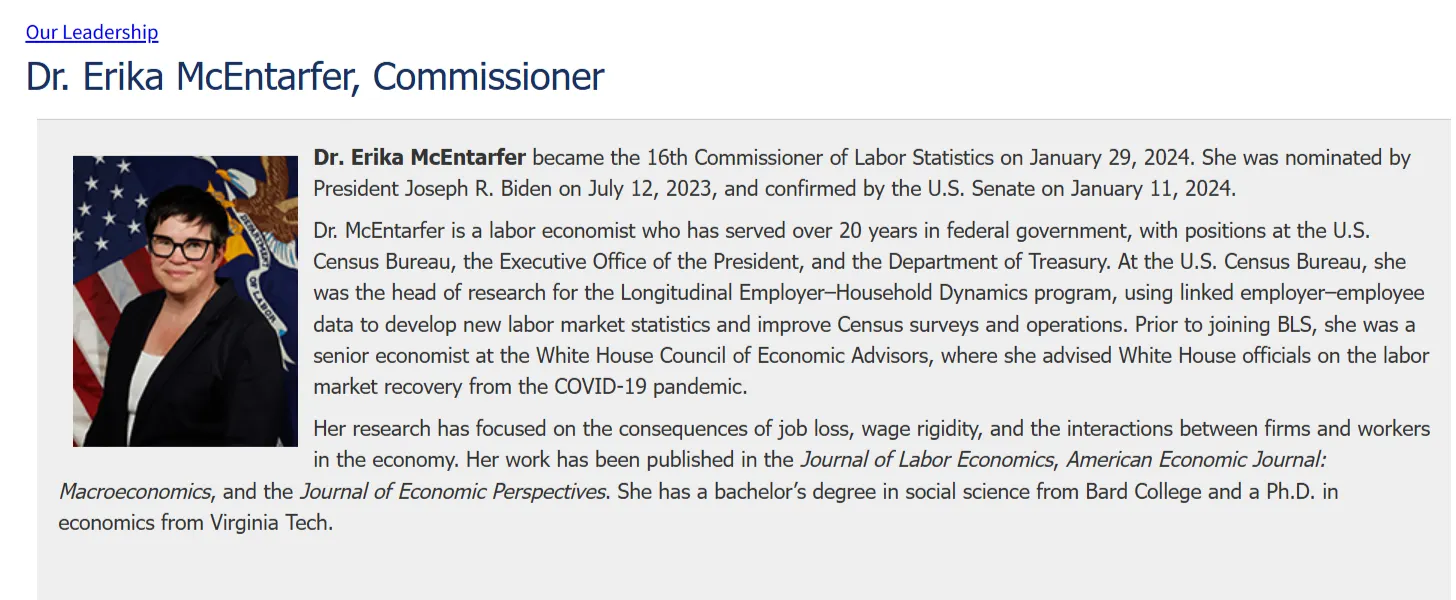 原美國勞工統計局長艾莉卡遭川普撤職。(翻攝自勞工部官網)