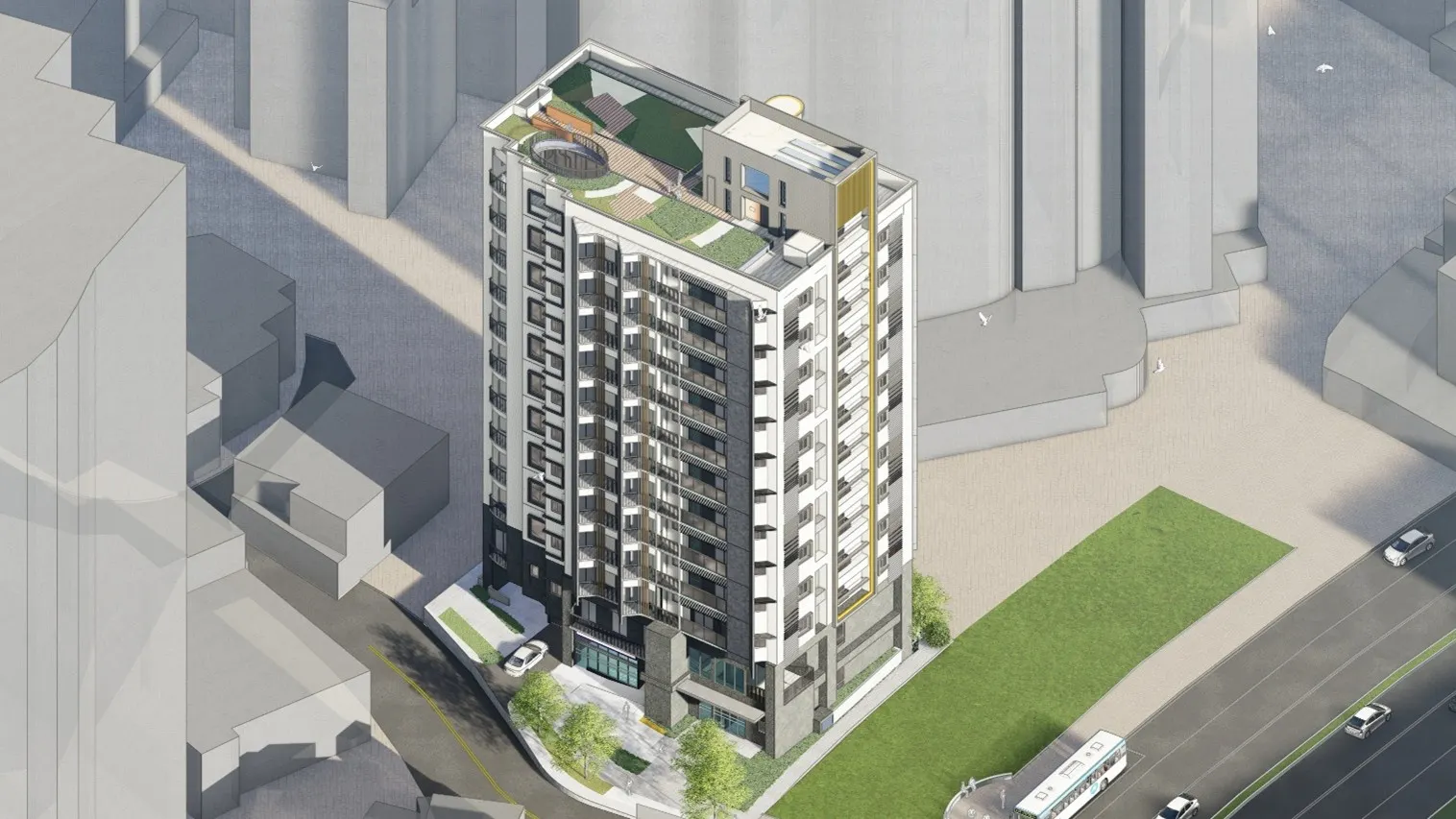 淡水海天段社會住宅與周邊(模擬圖)。圖/新北市政府城鄉發展局提供