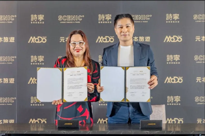 20250905-元本旅遊董事長游國珍(右)與詩寧集團亞洲區總監石嘉燕(左)完成2027年南極包船簽約。(元本旅遊提供)