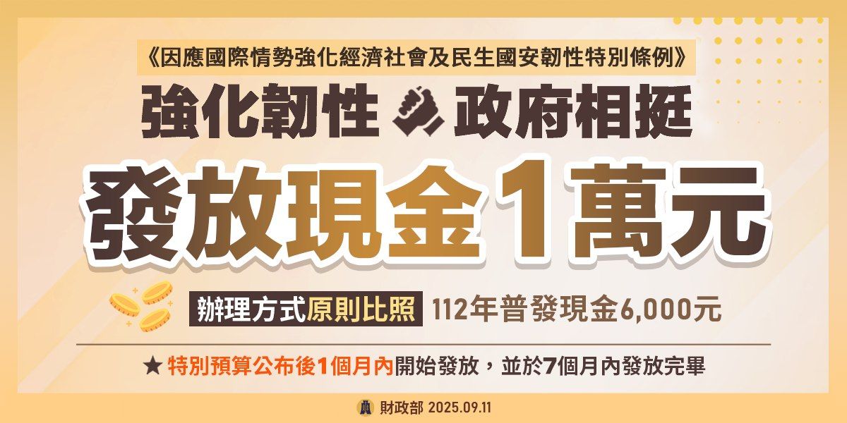 普發現金1萬元辦理方式原則比照112年普發現金。(圖/取自財政部)