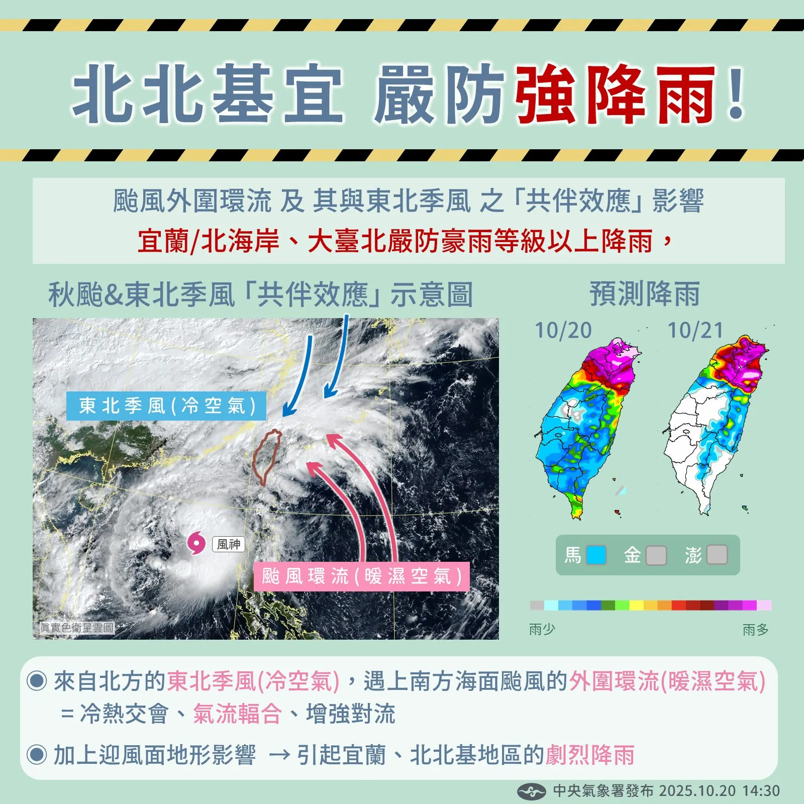 受台風外側循環と東北季節風の共伴効果に影響、気象局が今日(21日)と明日の強い降雨を発表。(図/取自中央気象局フェイスブック)