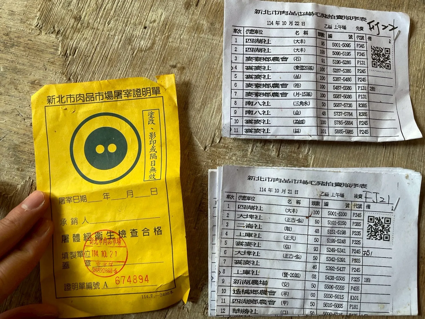 豬肉攤商出示屠宰證明,確認無違規之處。(圖/新北市政府農業局)