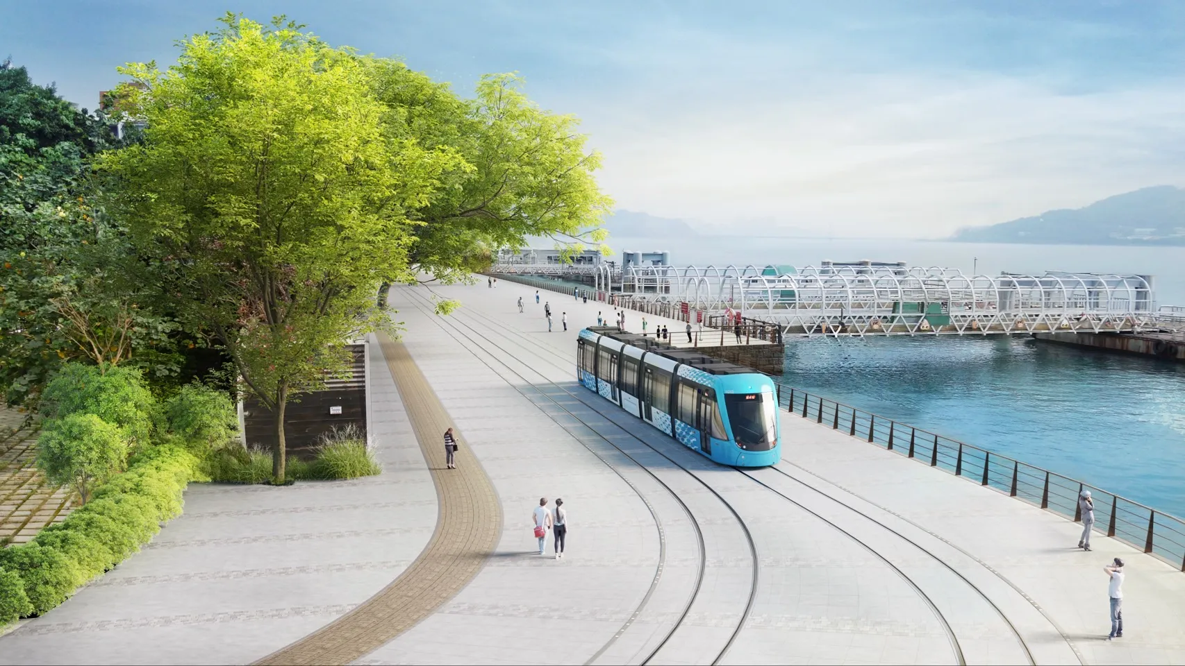 淡海輕軌第二期河岸段模擬圖-轉彎段。(圖/新北市政府捷運局提供)