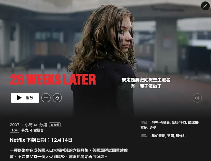 系列中承上啟下的第二部作品《28週毀滅倒數》預計將於12月14日從Netflix下架。(圖/翻攝自Netflix)
