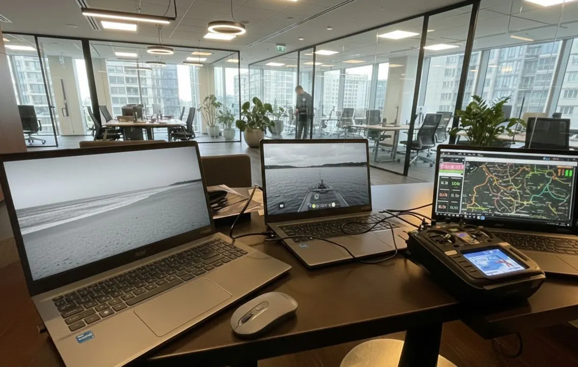 銘旺科技はポーランドにおいて、地上局管制システムを想定したオフィス環境で、自社開発の「AI飛行制御システム」「AI追尾システム」「高度自律飛行システム」を紹介した。(写真/銘旺科技提供)