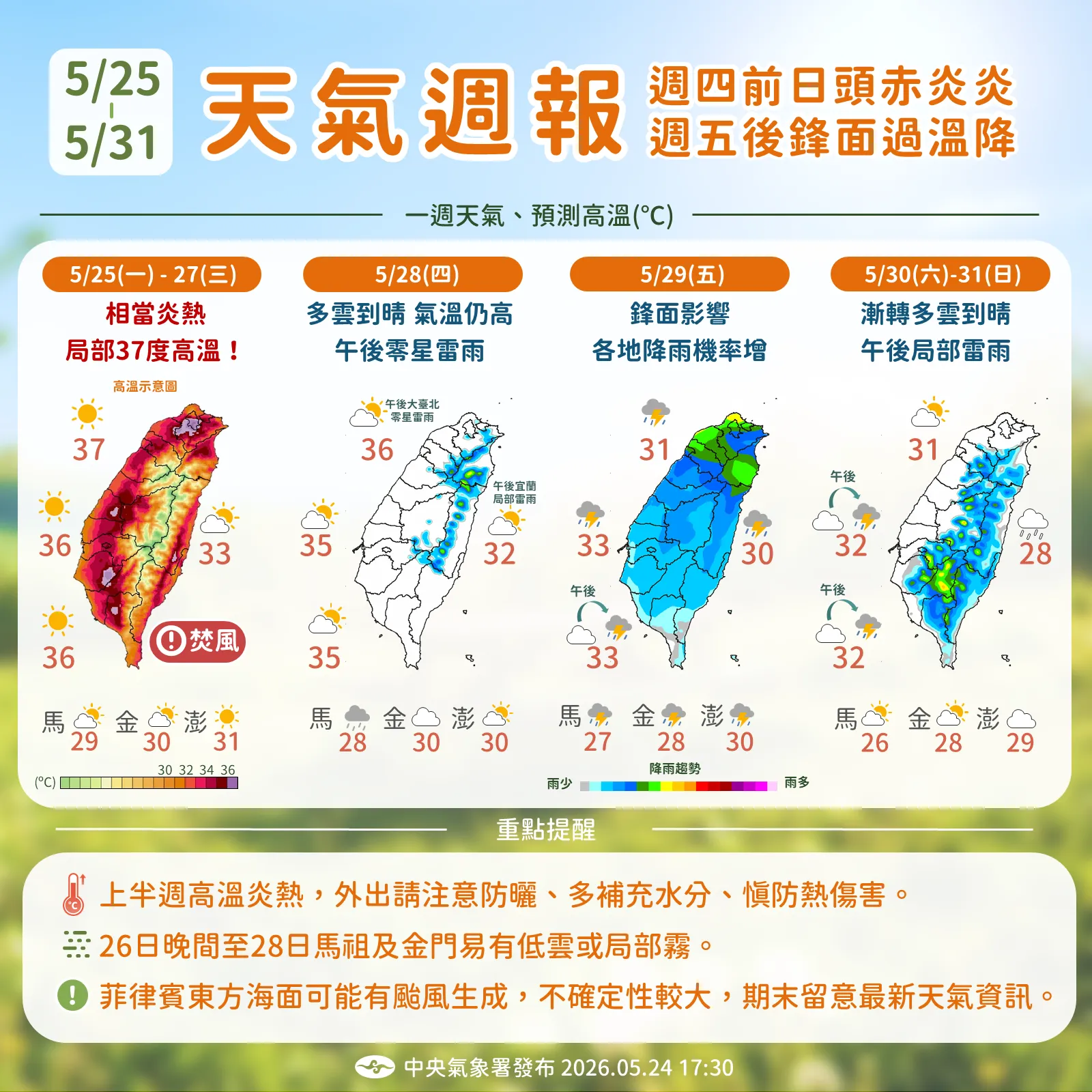 5/25-5/31未來天氣周報。(圖/氣象署提供)