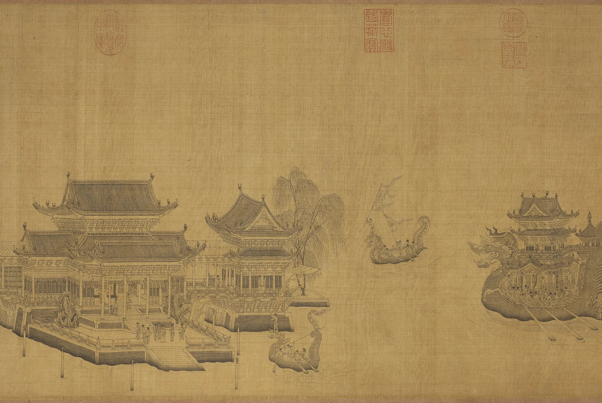 元代界畫名家王振鵬(1280—1320AD)的《寶津競渡圖》,他善長精準規矩的界畫。本作採水墨白描,用纖細線條勾勒龍舟競渡的盛況。(圖/故宮圖檔、作者提供)
