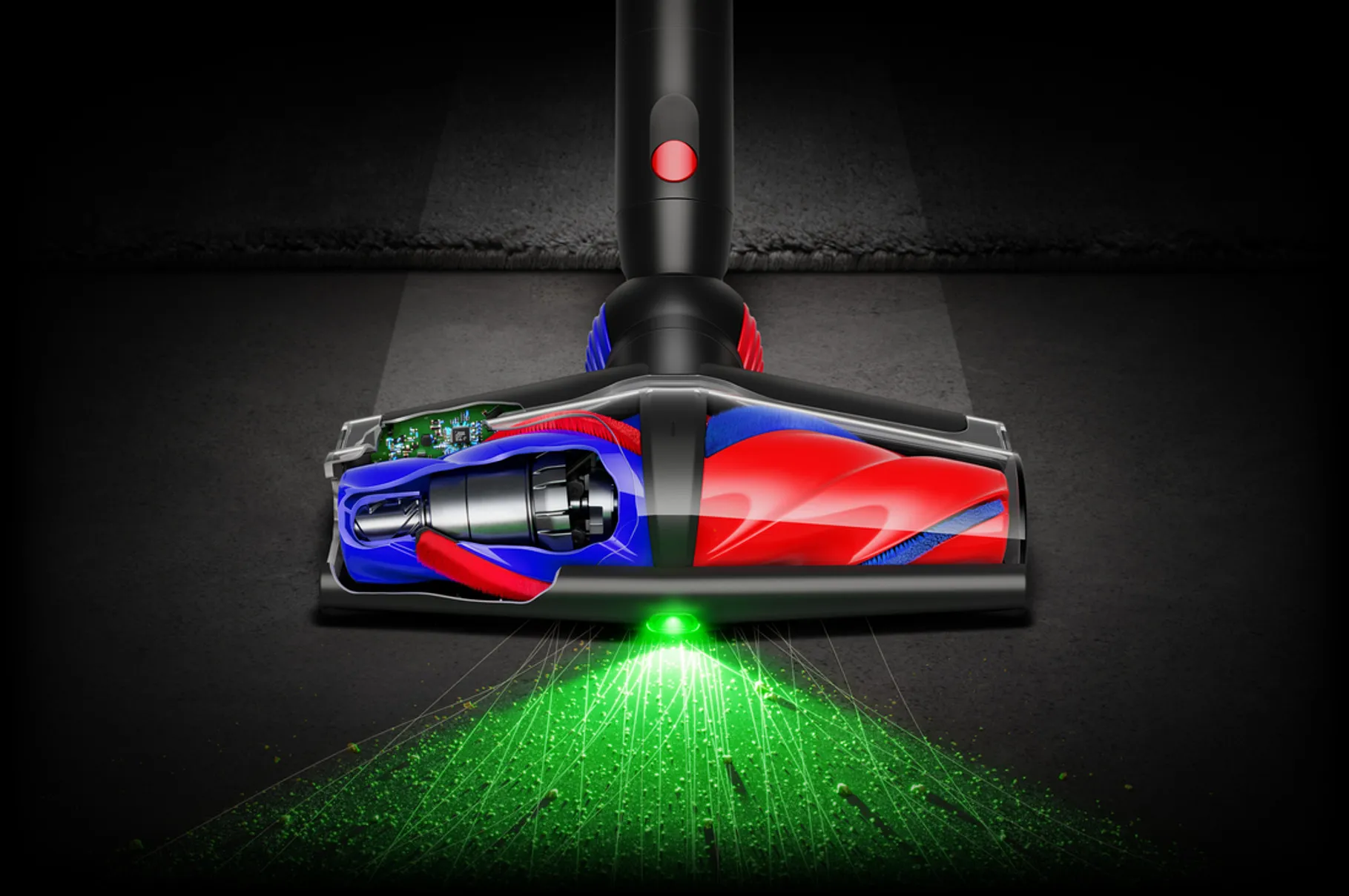 Dyson V10 Konical™搭載All Floor Cones™ 雙錐無纏結吸頭,可適應不同地板材質並將長達60公分長髮自動吸入集塵筒,同時配備智慧光學偵測隱藏微塵科技,讓隱藏髒污與灰塵清晰可