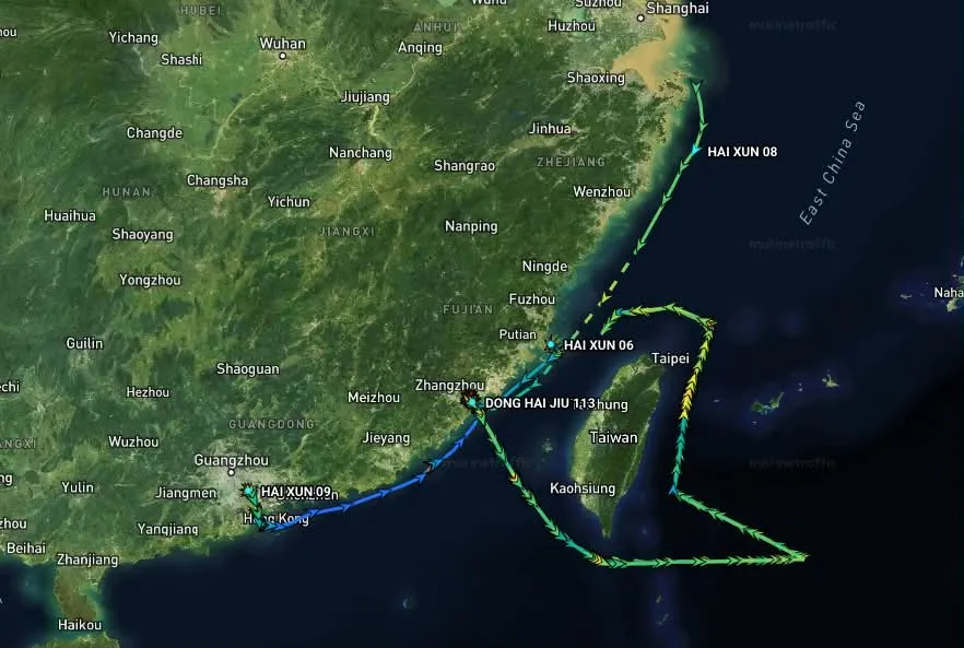 中國大陸交通運輸部海事局艦船臺灣東部海域海上交通專項執法和掃測行動任務航跡圖。由溫約瑟先生製作提供