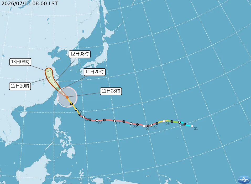 氣象署今(11)日發布颱風巴威未來24路徑圖,本島預計最快這時間會脫離暴風圈。(圖/氣象署)