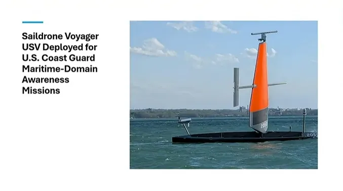 美國海岸防衛隊今年使用名為Saildrone Voyager的USV,在美國五大湖區及北部海岸執行邊境安全、狀況感知及非法捕魚監控等任務。(海委會截圖)