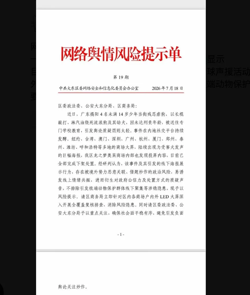來自中共沈陽大東區網信辦的輿情風險提示單/來源海外,田暢提供