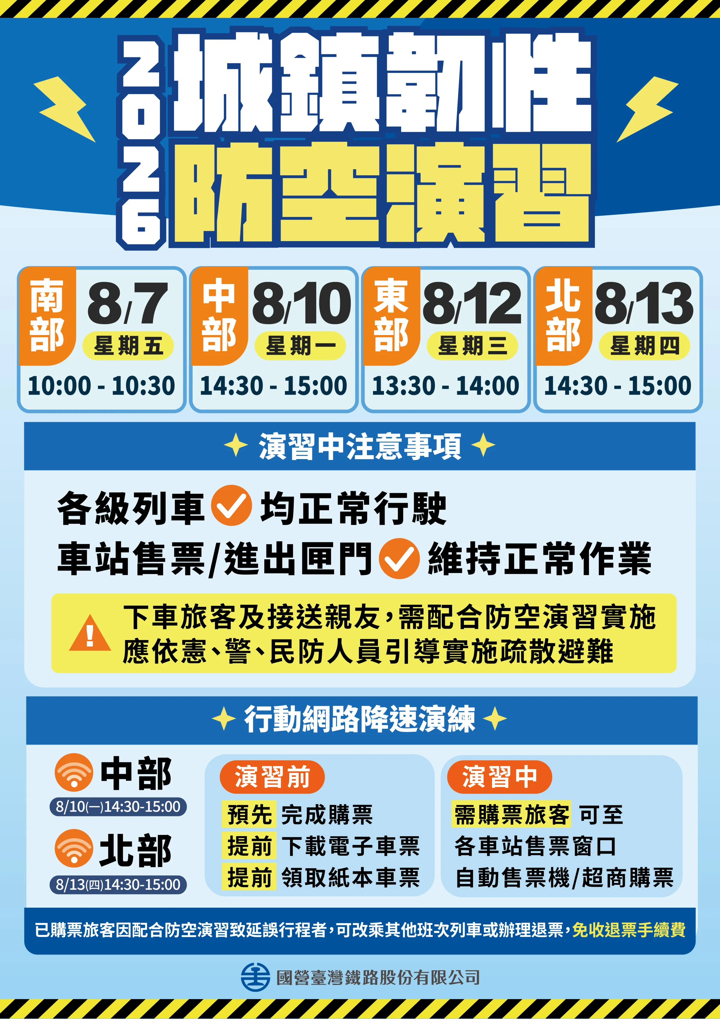 台南、高雄、屏東8月7日上午10時起進行30分鐘演習,台鐵建議可預先取票或下載電子票證。(圖/取自台鐵官網)