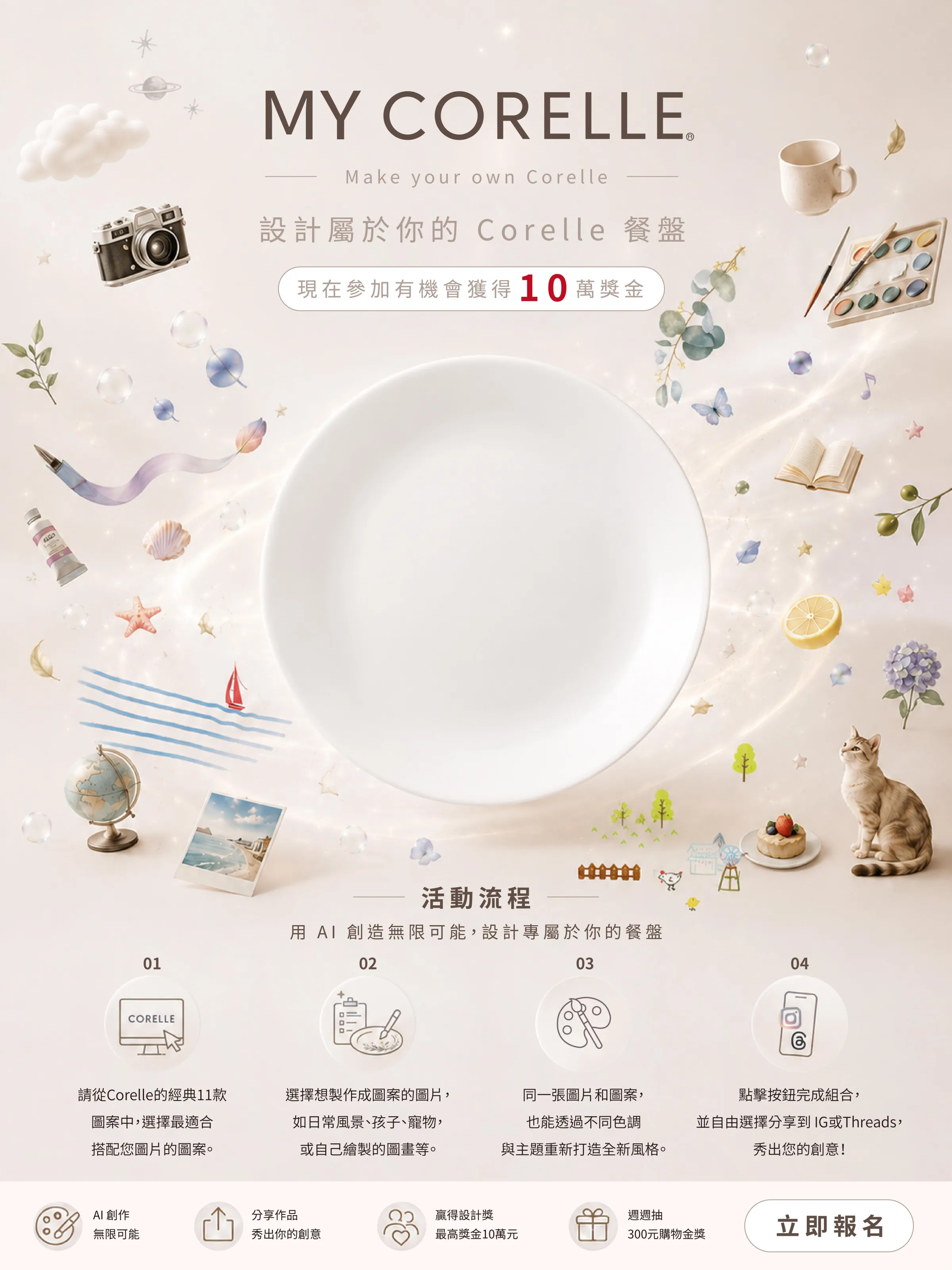 了讓沒有設計背景的民眾也能輕鬆參與,只要前往康寧餐具「Your Pattern, Your Corelle」線上AI餐盤設計互動體驗網站,只需四個步驟即可完成作品。(圖_康寧餐具提供)