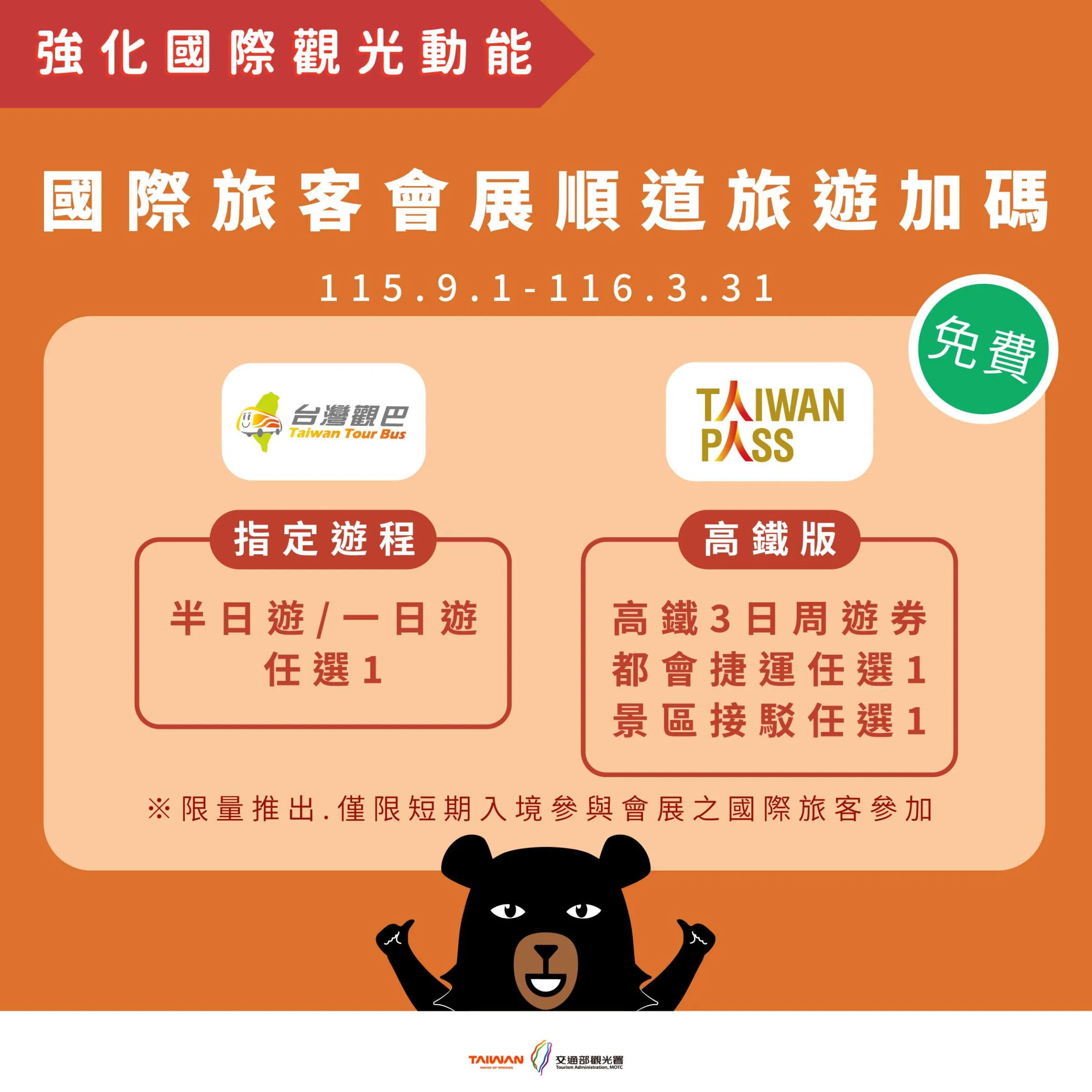 「國際旅客會展順道旅遊加碼」自115年9月1日至116年3月31日止,來台參與會展的國際旅客可免費任選台灣觀巴半日遊或一日遊,或兌換Taiwan PASS高鐵版套票。(圖/觀光署提供)