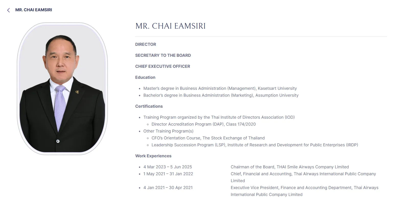 原泰航執行長埃姆西里(Chai Eamsiri),2日遭到董事會突襲解職。(翻攝自公司官網)