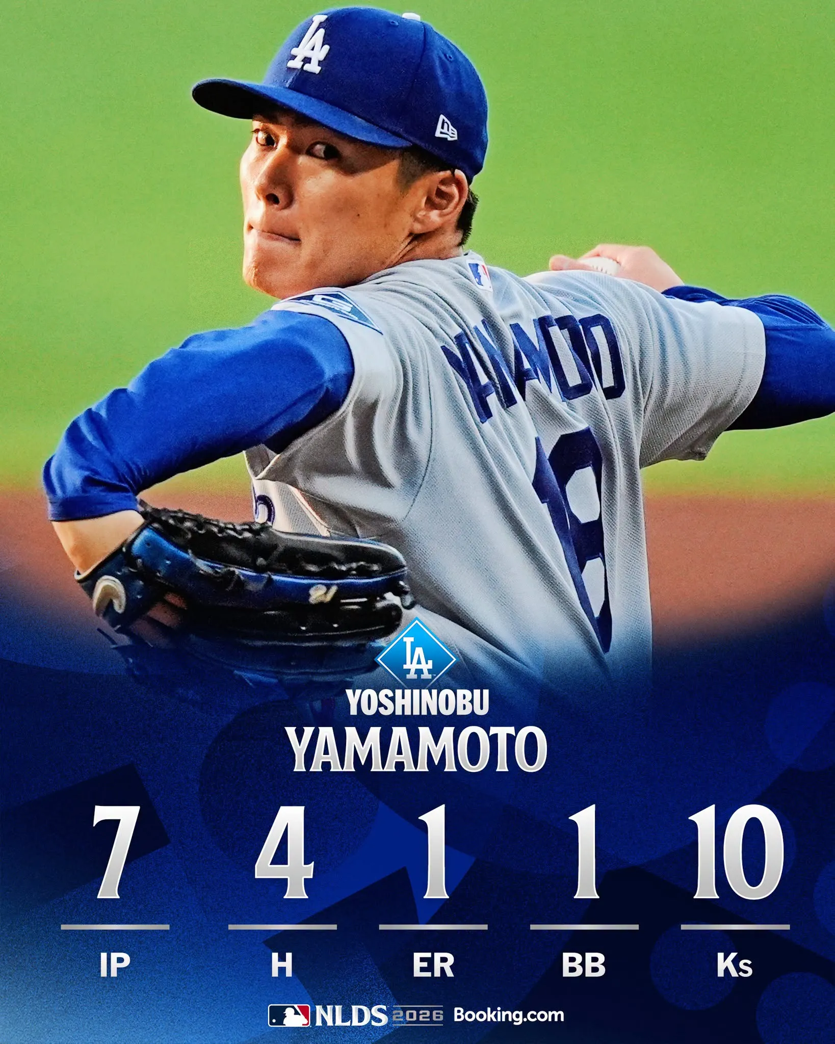 山本由伸只要單場獲得至少3分打線援護,生涯戰績就保持不敗,此役再添勝投後推進至驚人的34勝0敗。(圖/翻攝自MLB臉書)