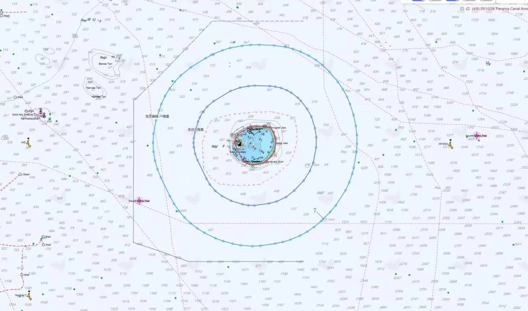 中國大陸電子海圖明顯標示東沙基線以及距離12浬、24浬所涵蓋海域。(作者提供)