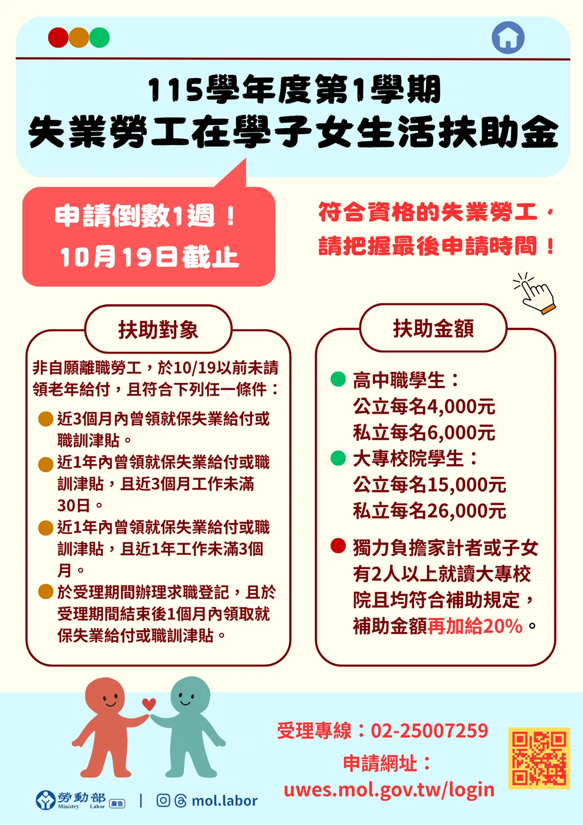 失業勞工在學子女生活扶助金。(圖/取自勞動部)