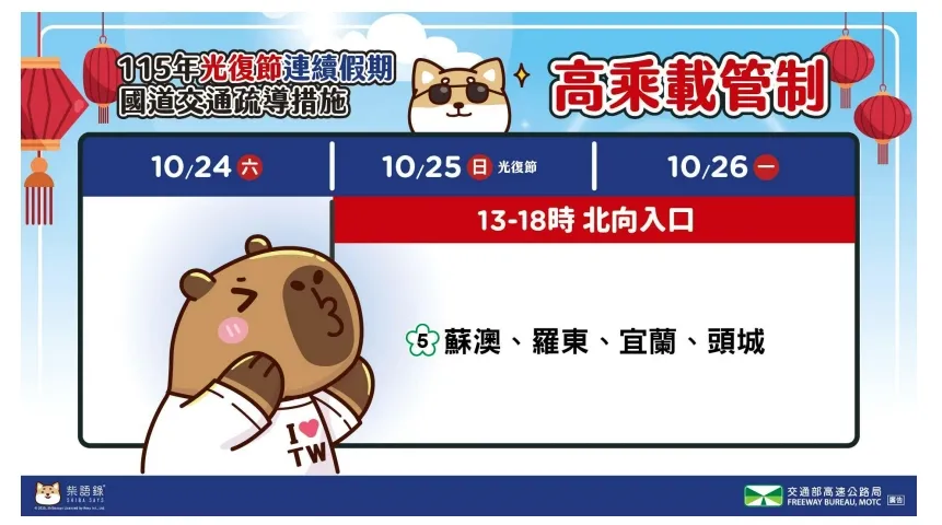 2026年光復節連續假期國道高乘載管制。(圖/取自交通部高速公路局)