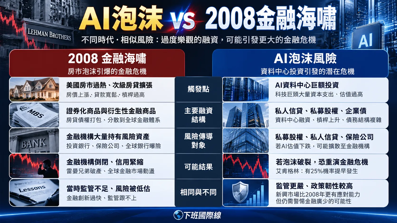AI泡沫與2008金融海嘯風險比較。(下班國際線後製)